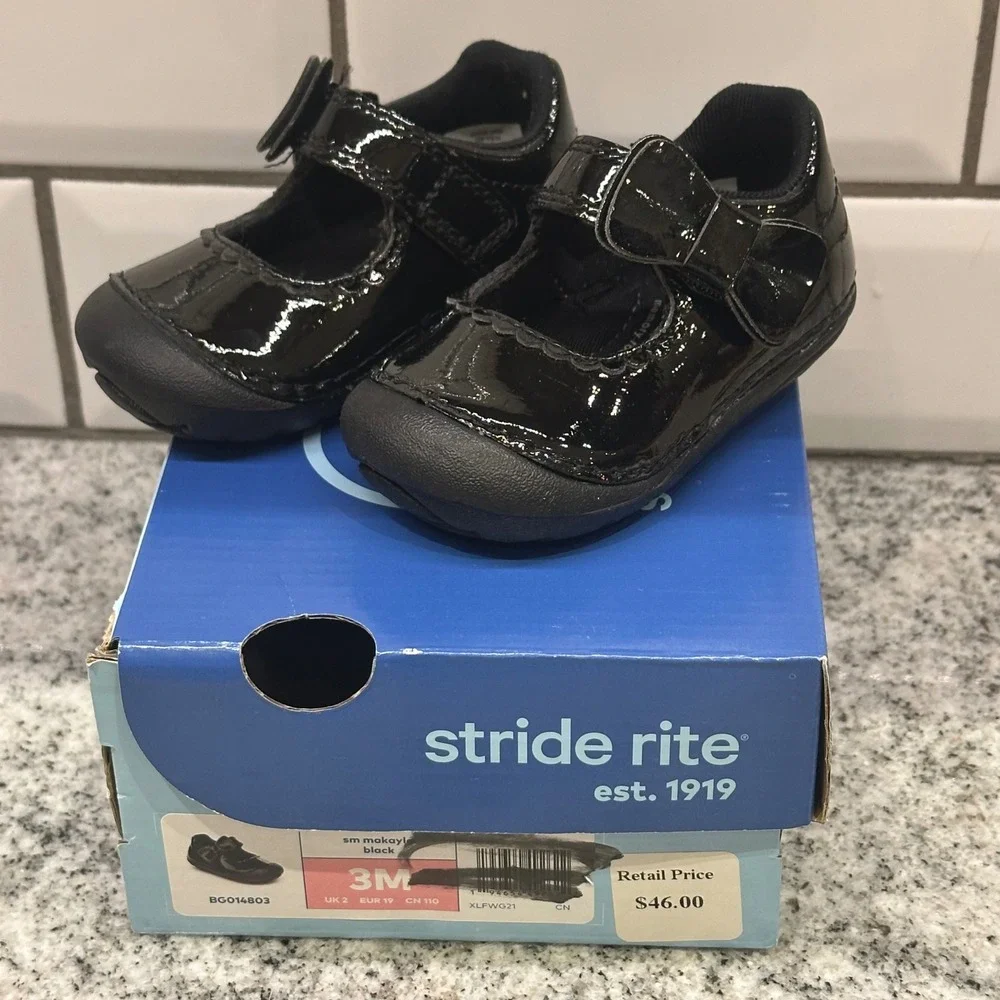 Stride Rite SM Makayla Black Patent Mary Jane Bow Toddler‎ Girls Shoes Size 3M